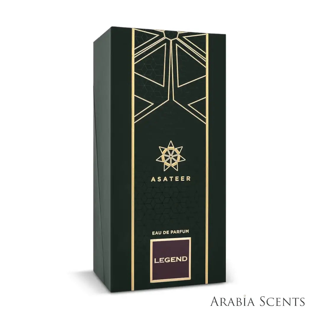 'Legend Purple' packaging on a white background with 'Asateer' branding featured by 'Arabiascents'