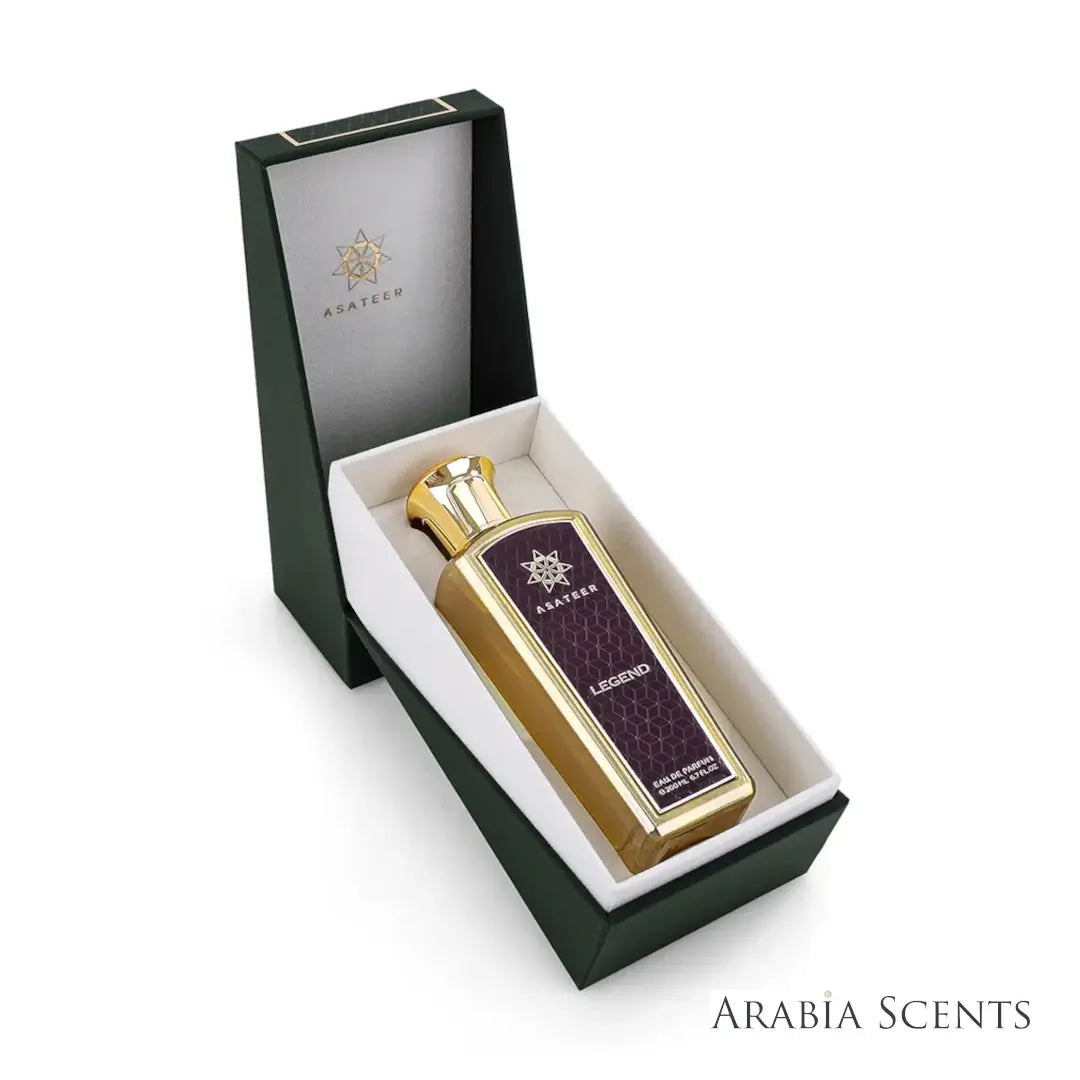 'Legend Purple' perfume bottle & packaging on a white background with 'Asateer' branding featured by 'Arabiascents'