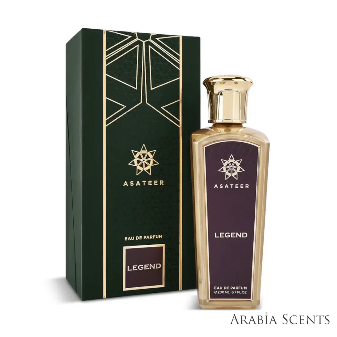 'Legend Purple' perfume bottle & packaging on a white background with 'Asateer' branding featured by 'Arabiascents'