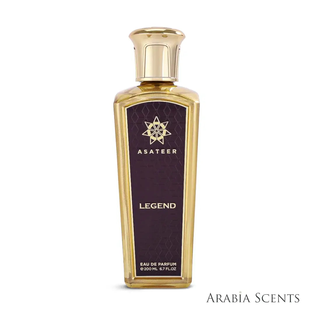 'Legend Purple' perfume bottle on a white background with 'Asateer' branding featured by 'Arabiascents'