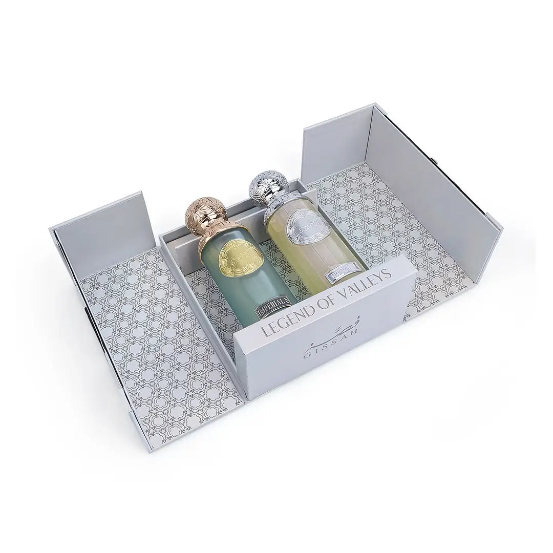 Two perfume bottles in a decorative box with 'Legend of Valleys' branding on a white background by Gissah Perfumes