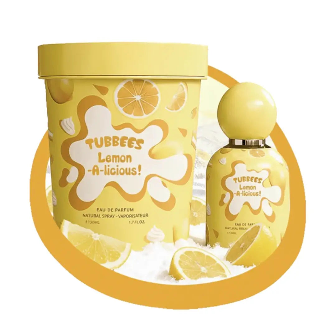 'Lemon-A-Licious' perfume bottle with yellow packaging on a white background with 'Tubbees' branding