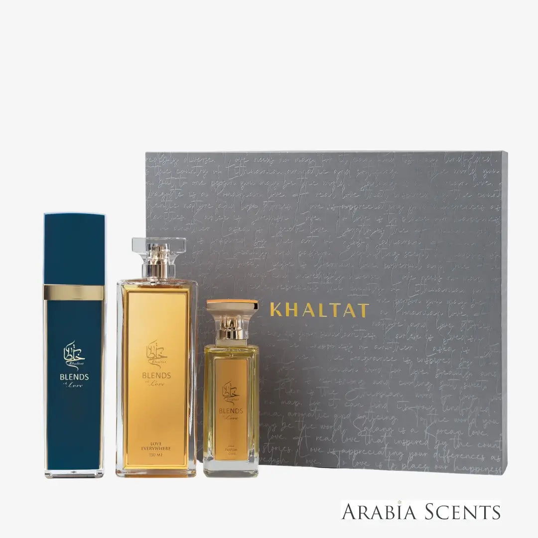Liebe Festive Love Gift Set with grey packaging branded Khaltat Blends of Love featured by 'ArabiaScents'