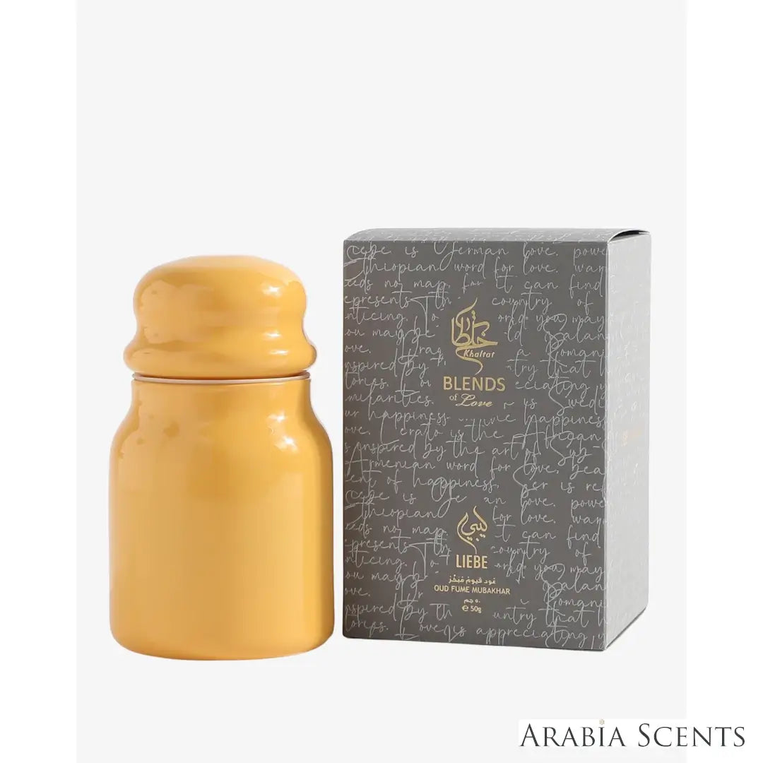 'Liebe' oud fume bottle & packaging on a white background with 'Khaltat Blends Of Love' branding featured by 'Arabiascents'