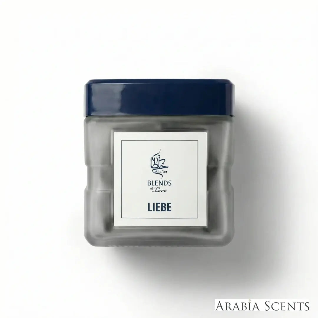 'Liebe' incense bottle on a white background with 'Khaltat Blends Of Love' branding featured by 'Arabiascents'