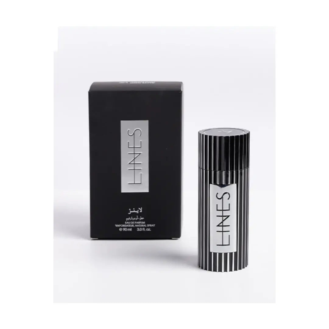 'Lines' perfume bottle & packaging in a white background with 'Oud Elite' branding