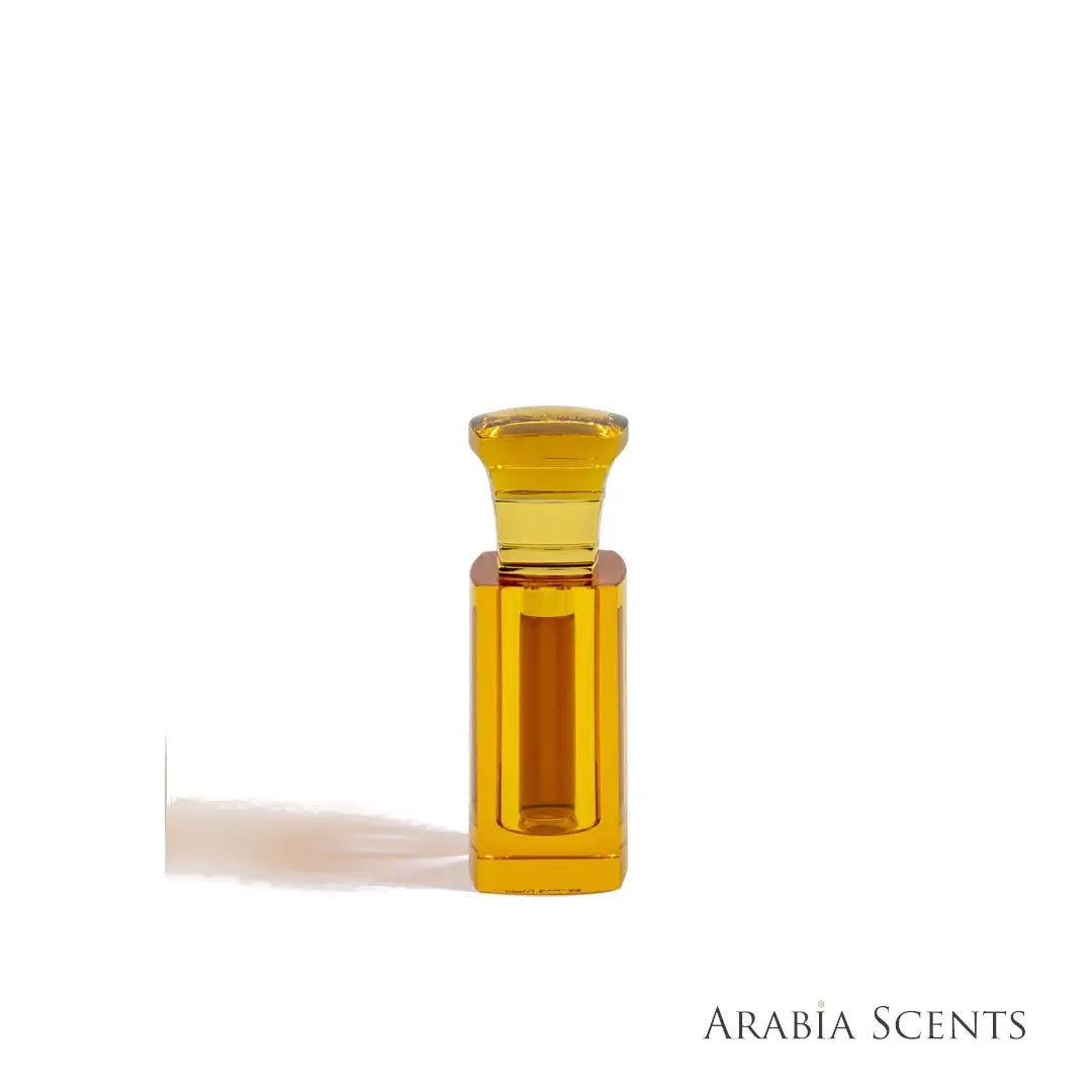 Love In Drops Mukhamariya golden Oil bottle on a white background by Khaltat Blends of Love featured on 'ArabiaScents'