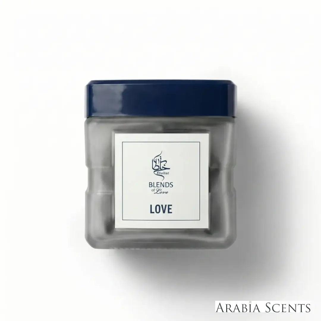 'Love' incense bottle on a white background with 'Khaltat Blends Of Love' branding featured by 'Arabiascents'