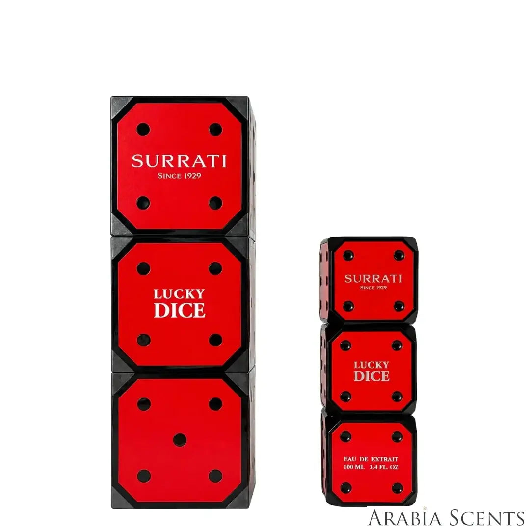 'Lucky Dice' perfume bottle & packaging on a white background with 'Surrati' branding featured by 'Arabiascents'