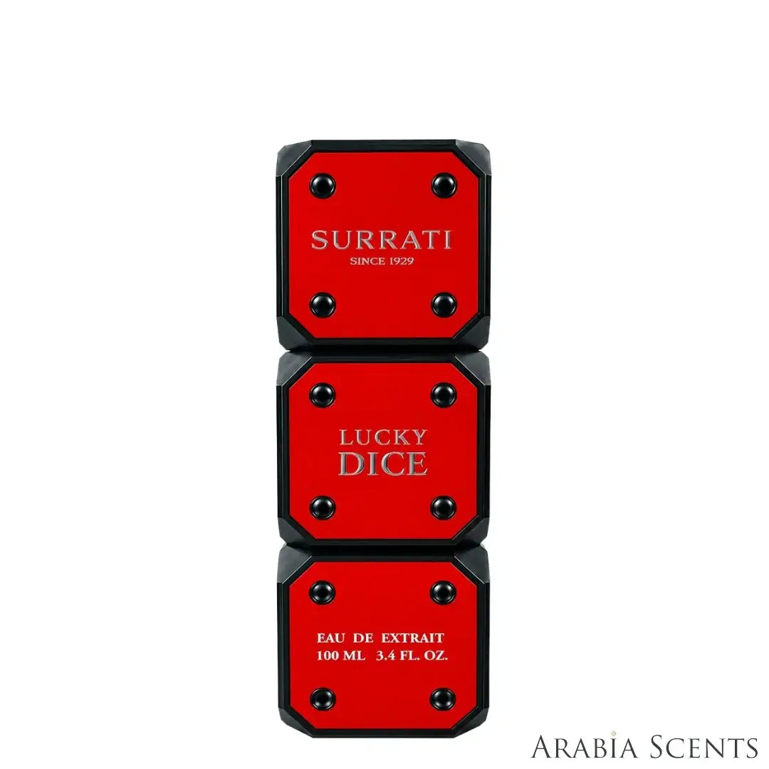 'Lucky Dice' perfume bottle on a white background with 'Surrati' branding featured by 'Arabiascents'
