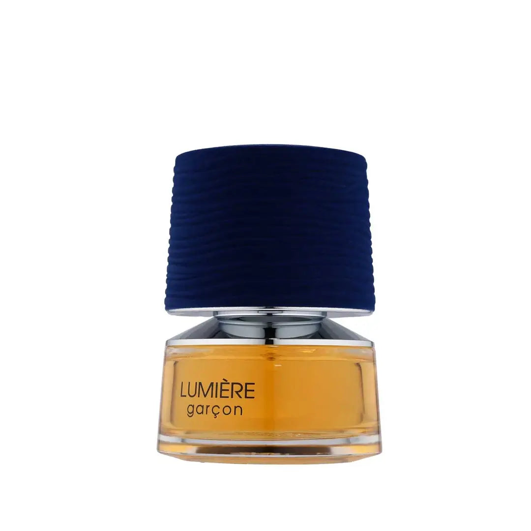 Lumiere Garcon Perfume bottle with blue cap and gold base on a white background branded French Avenue