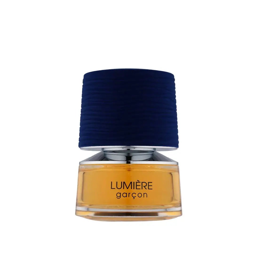 Lumiere Garcon Perfume bottle with blue cap and gold base on a white background branded French Avenue