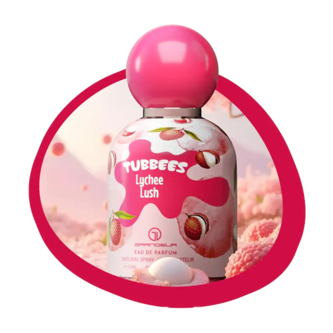 'Tubbees' 'Lychee Lush' perfume bottle with pink cap on a white background