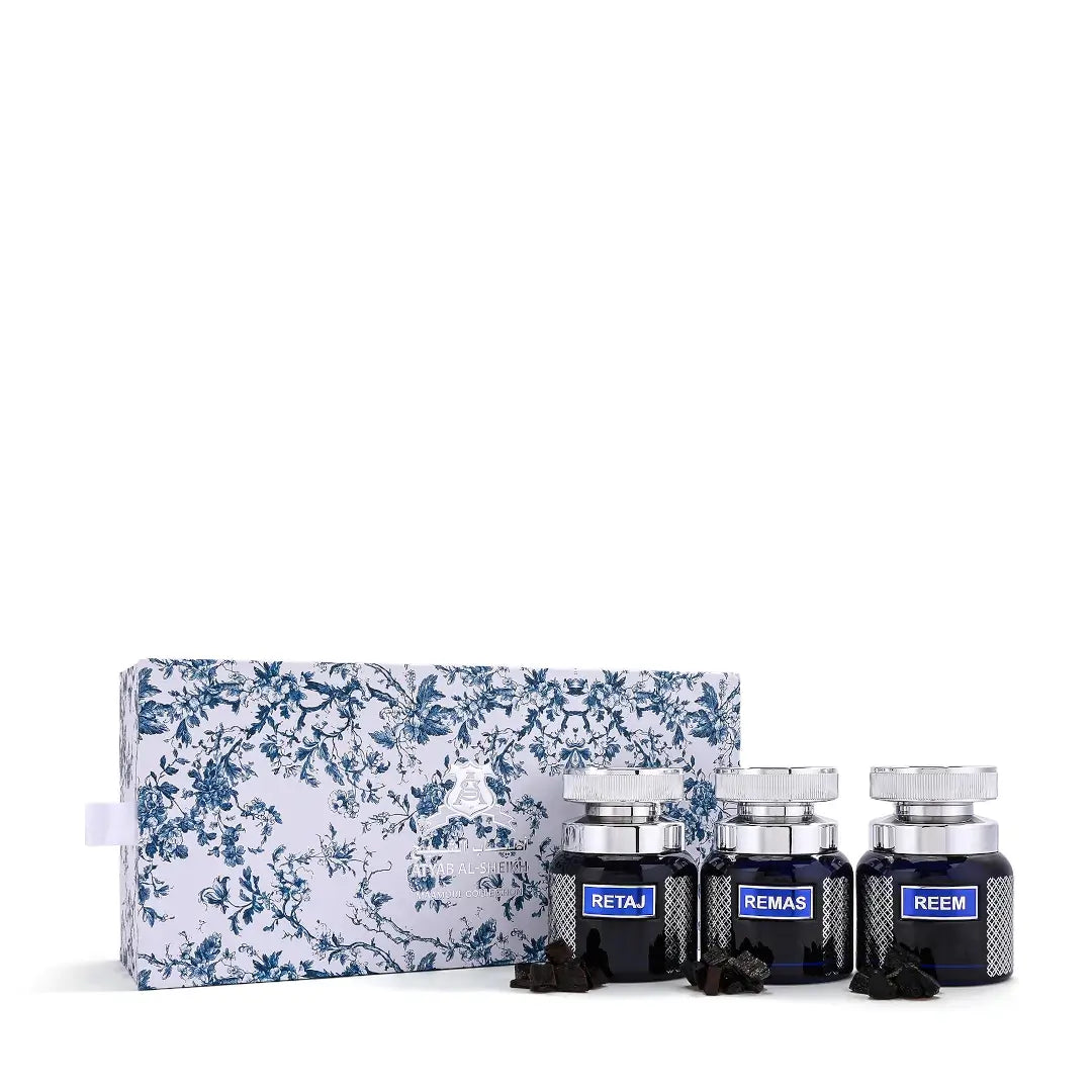 'Maamoul Collection' incense bottles & packaging on a white background with 'Atyab Al Sheikh' branding