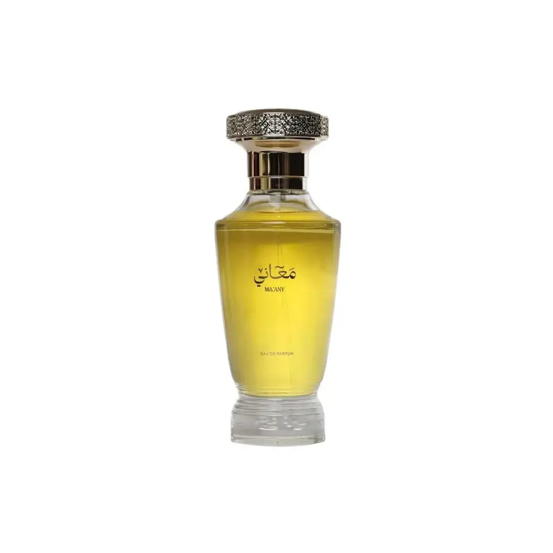'Maany' Perfume bottle with decorative cap on a white background with Al Majed Oud branding