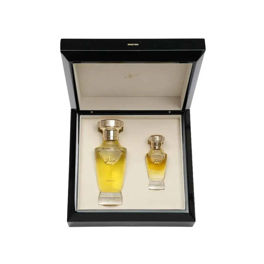 'Maany Gift Box' in a black and beige box on a white background with Al Majed Oud branding