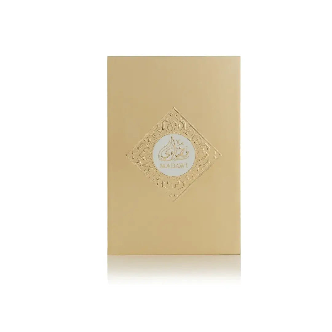'Madawi White' by Arabian Oud Gold decorative box with a white label on a white background