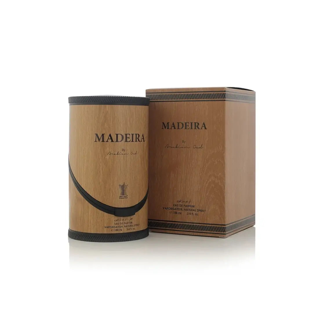 'Madeira' Perfume packaging on a white background with Arabian Oud branding