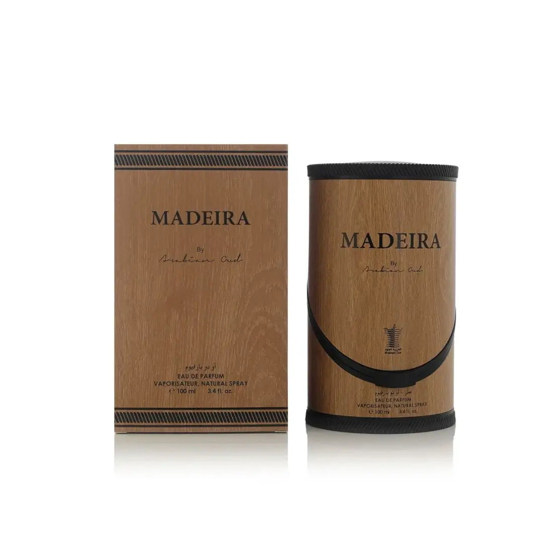 'Madeira' Perfume packaging on a white background with Arabian Oud branding