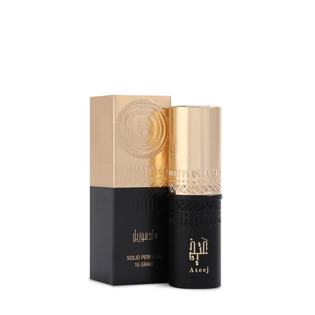 'Mademoiselle' solid perfume bottle & packaging in a white background with 'Ateej' branding