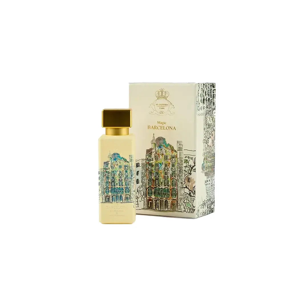 'Magic Barcelona' Perfume bottle and packaging with architectural design on a white background branded Al Jazeera Perfumes