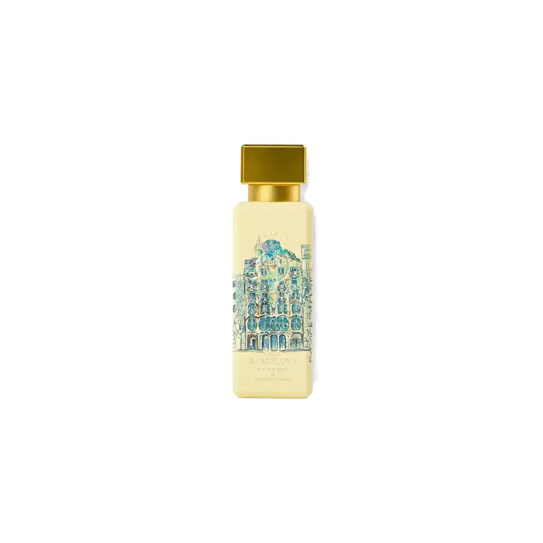 'Magic Barcelona' perfume bottle in a white background with 'Al Jazeera' branding