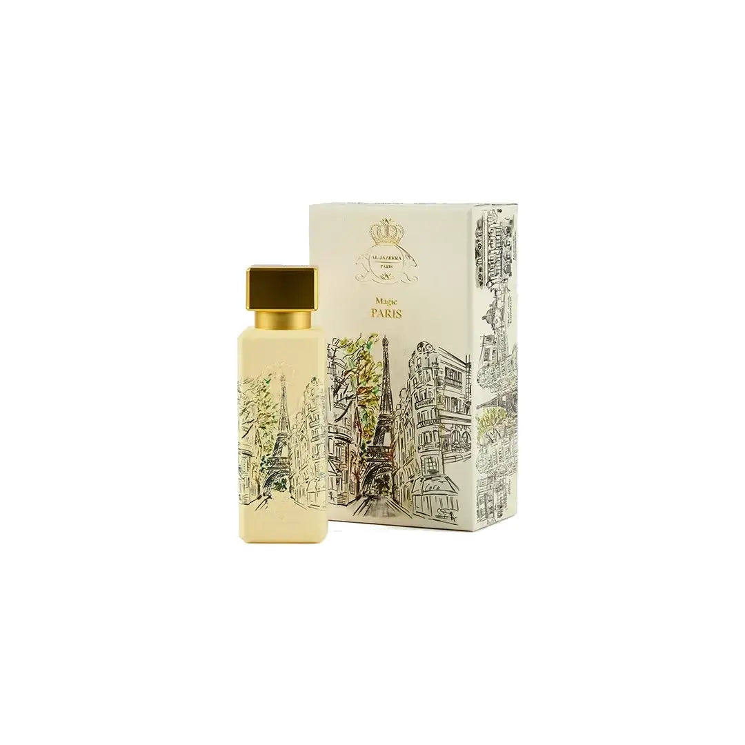'Magic Paris' Perfume bottle and packaging with Parisian design on a white background branded by Al Jazeera Perfumes