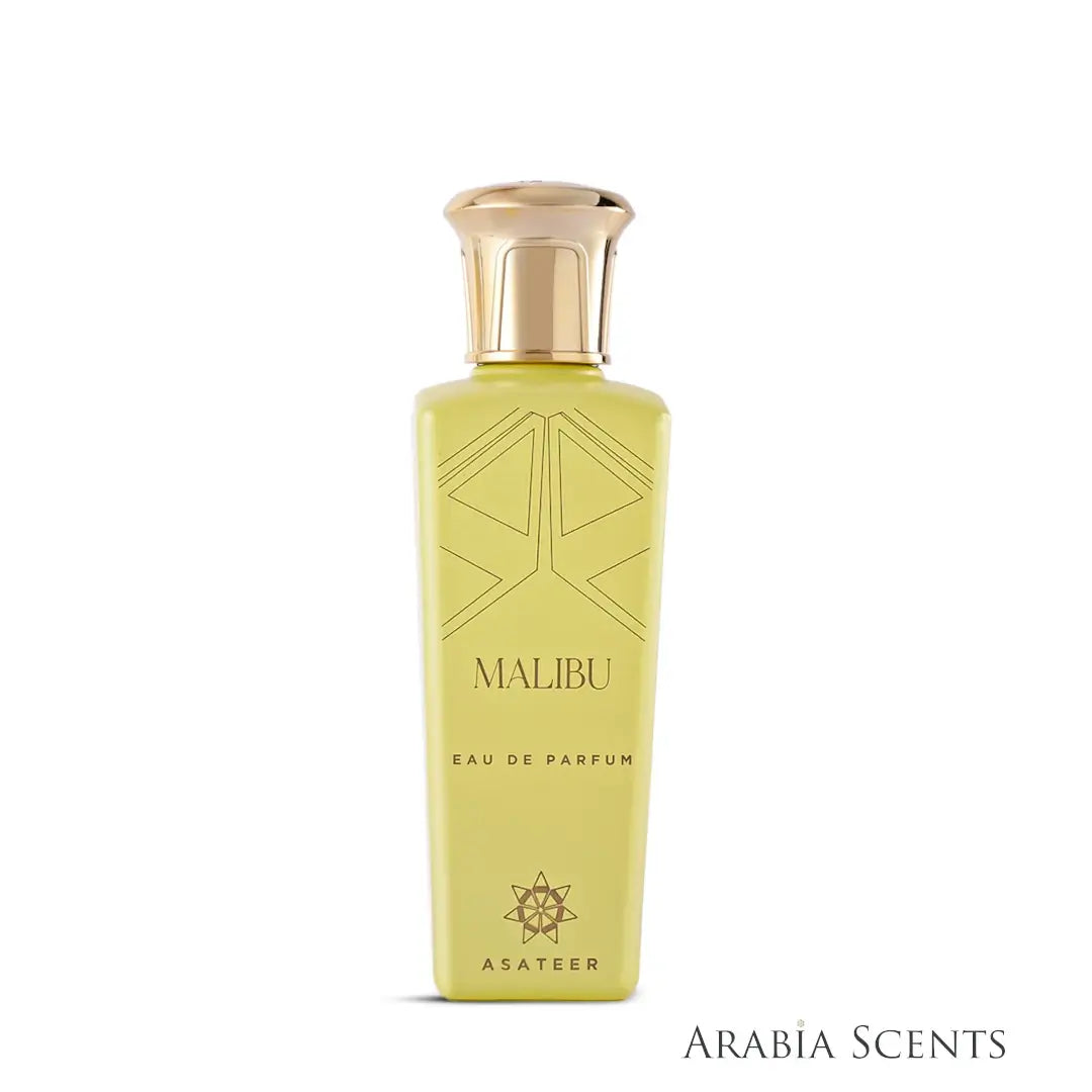 Malibu by Asateer golden perfume bottle on a white background featured by 'ArabiaScents'