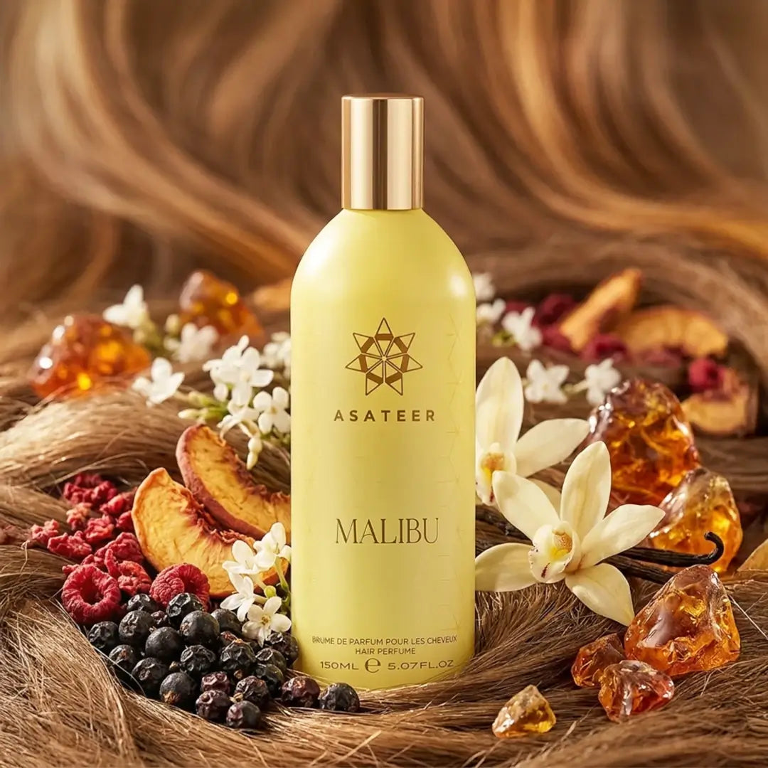 'Malibu' Hair Mist perfume bottle   with 'Asateer' branding