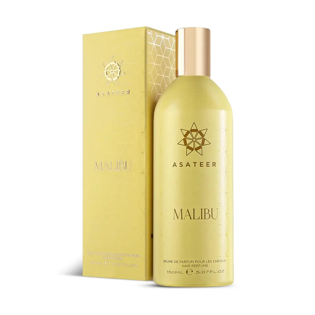 'Malibu' Hair Mist perfume bottle & packaging in a white background  with 'Asateer' branding