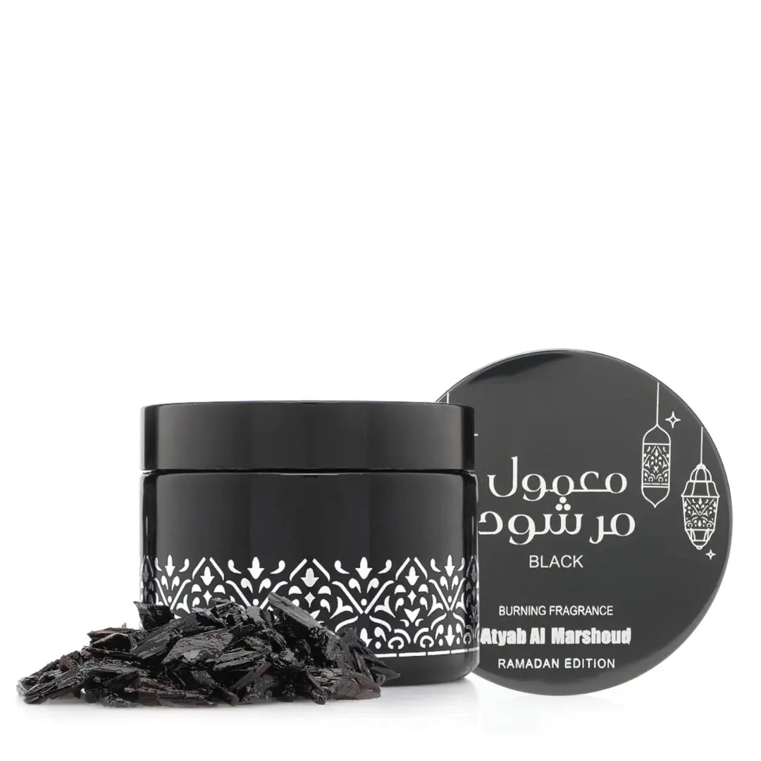 'Mamool Marshoud Black' Ramadan Edition jar with decorative patterns and a black lid featuring white text on a white background branded Atyab Al Marshoud