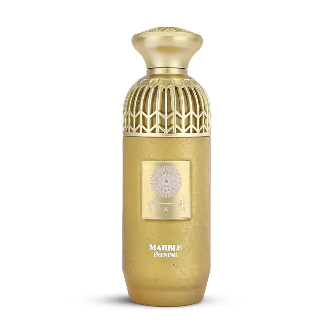 'Marble Evening' gold perfume bottle with intricate design on a white background with 'Ayaam' branding