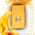 Yellow perfume bottle 'Marigold' with Le Bonheur branding on a white background with yellow splashes featured y ArabiaScents