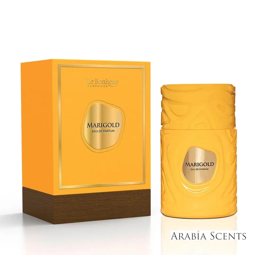 Marigold perfume bottle and packaging with 'Le Bonheur' branding on a white background featured by ArabiaScents