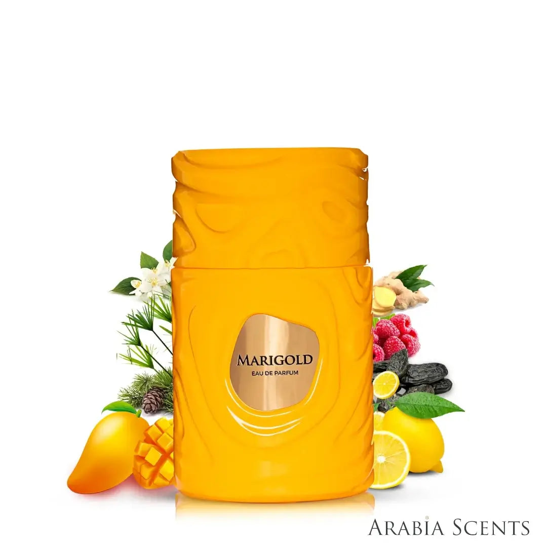 Yellow perfume bottle labeled 'Marigold' with fruit and plant elements branded Le Bonheur on a white background, featured on 'ArabiaScents'.