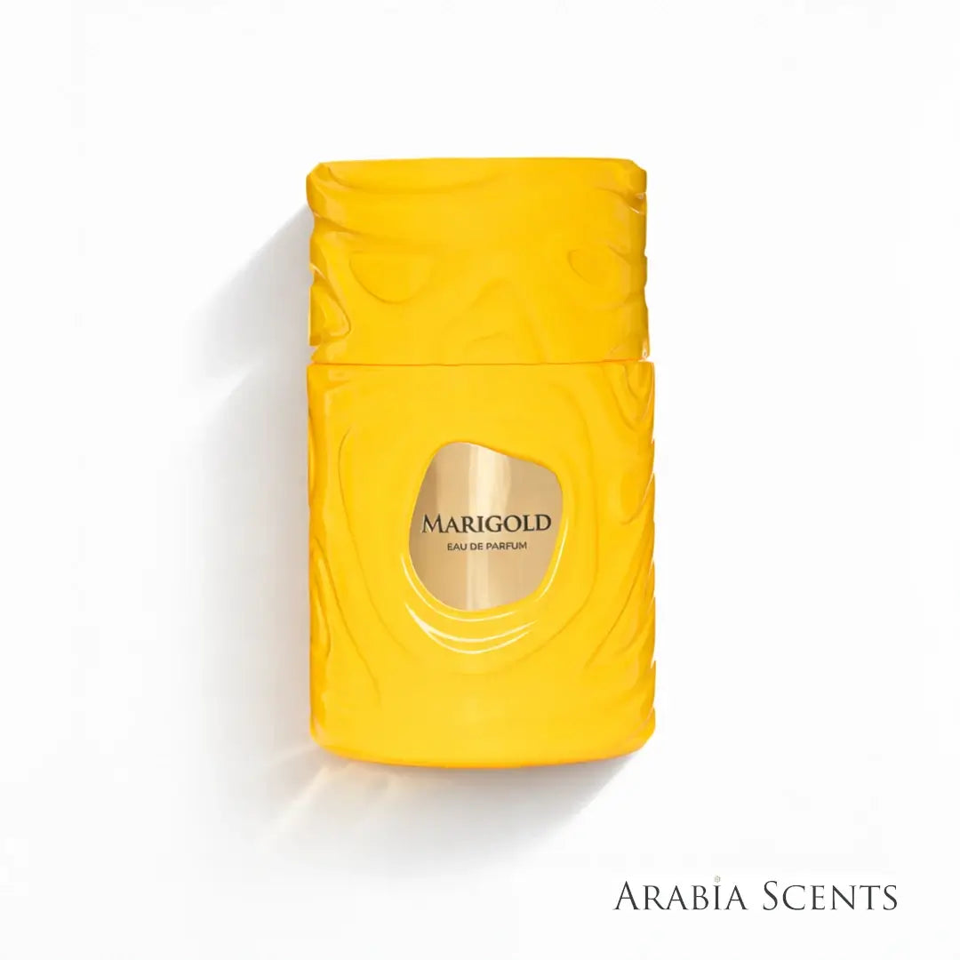 Yellow perfume bottle labeled 'Marigold' branded Le Bonheur featured by ArabiaScents on a white background