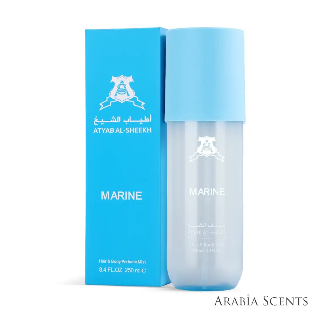'Marine' hair & body mist perfume bottle & packaging on a white background with 'Atyab Al Sheikh' branding featured by 'Arabiascents