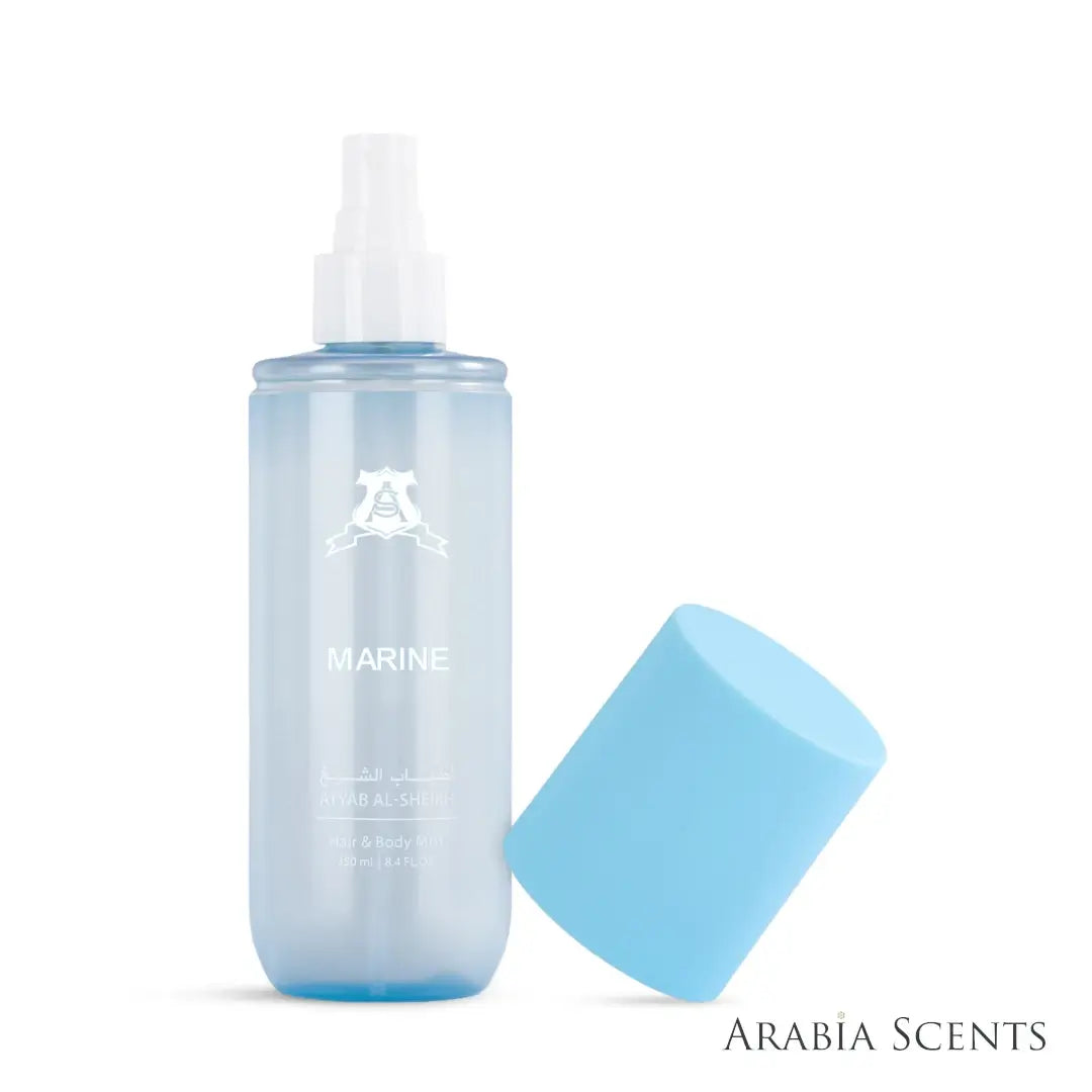 'Marine' hair & body mist perfume bottle on a white background with 'Atyab Al Sheikh' branding featured by 'Arabiascents
