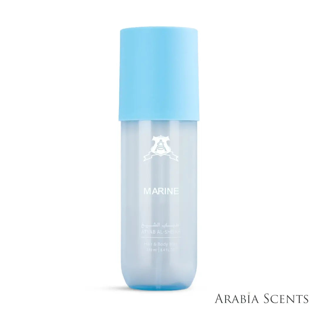 'Marine' hair & body mist perfume bottle on a white background with 'Atyab Al Sheikh' branding featured by 'Arabiascents