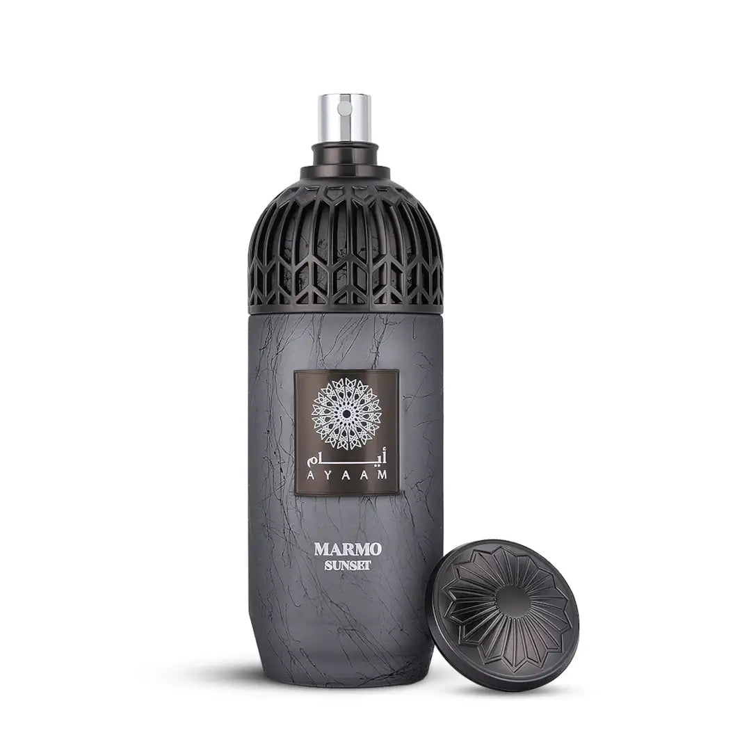 'Marmo Sunset' perfume bottle with black cap on a white background with 'Ayaam' branding