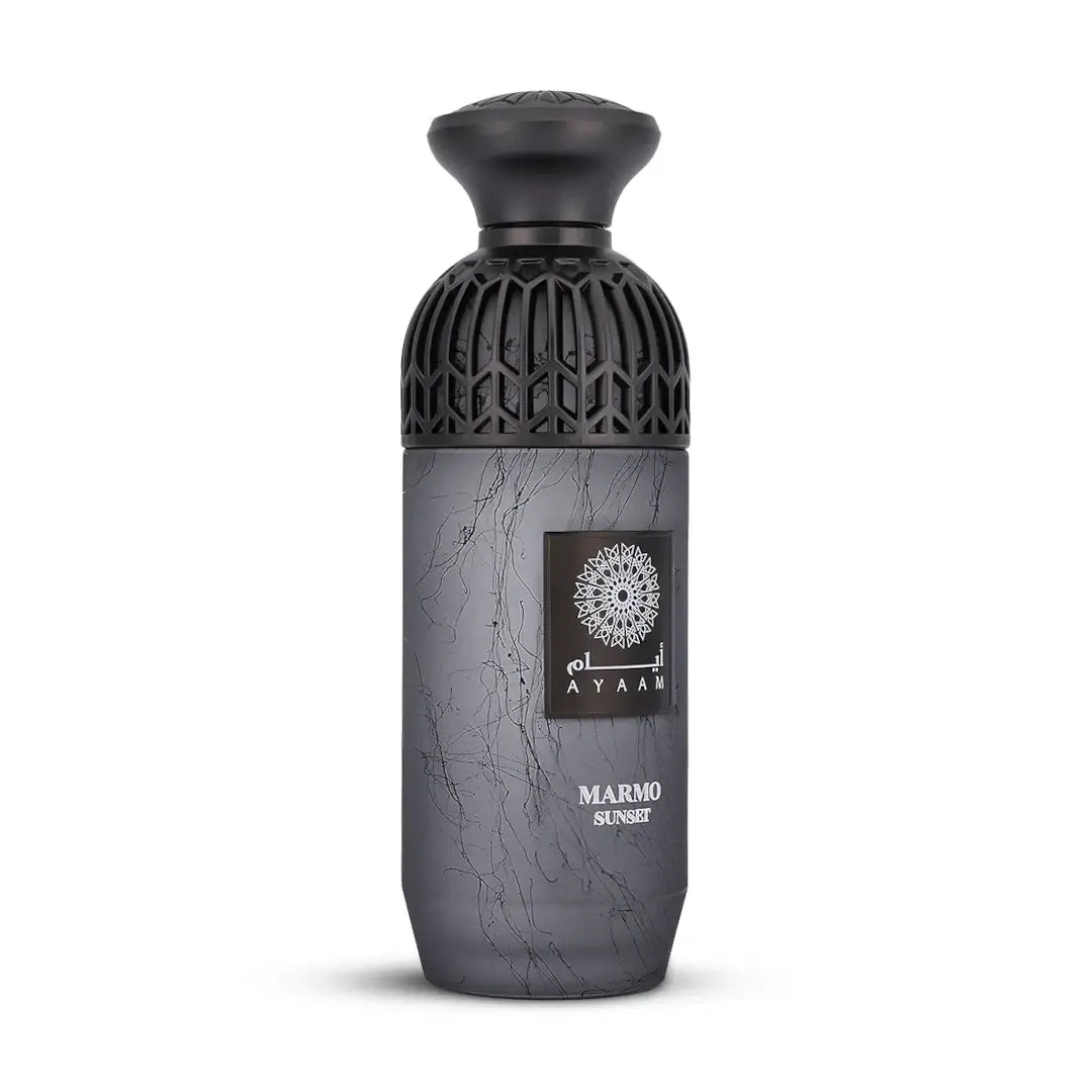 'Marmo Sunset' perfume bottle with black cap on a white background with 'Ayaam' branding