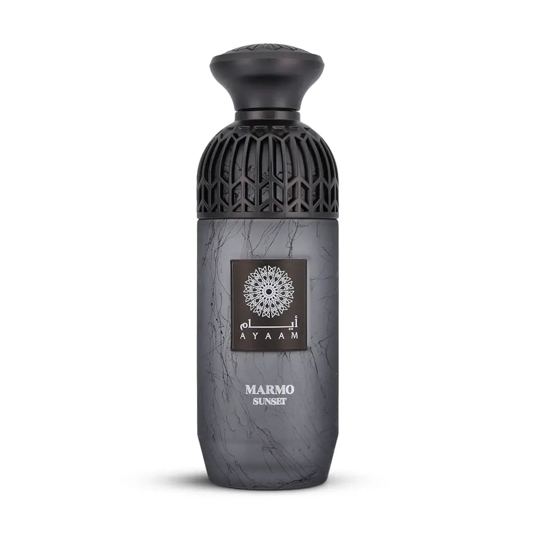 'Marmo Sunset' perfume bottle with black cap on a white background with 'Ayaam' branding