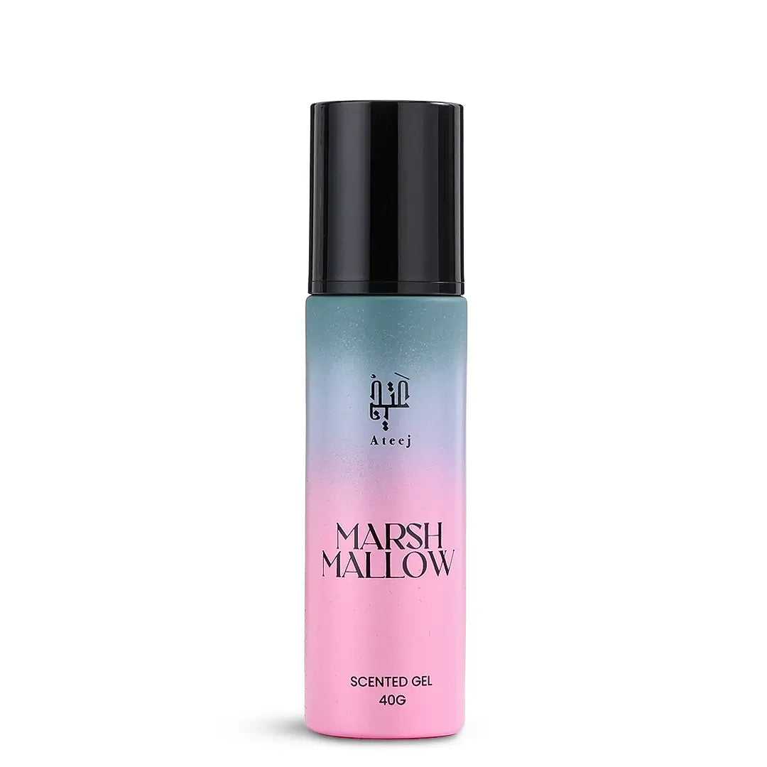 Marshmallow Scented gel bottle with gradient pink to blue design on a white background with Ateej branding