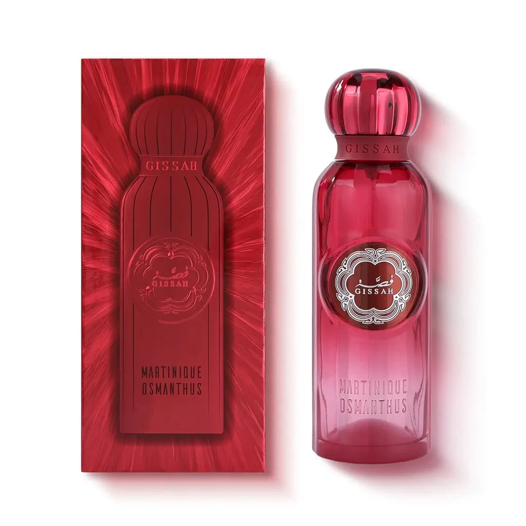 Red Martinique Osmanthus Gissah perfume bottle and packaging on a white background