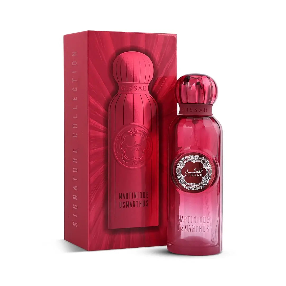 Red perfume bottle and packaging with 'Martinique Osmanthus' label on a white background with Gissah branding