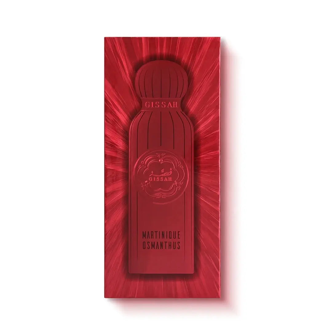 Red Martinique Osmanthus perfume bottle packaging on a white background with Gissah branding