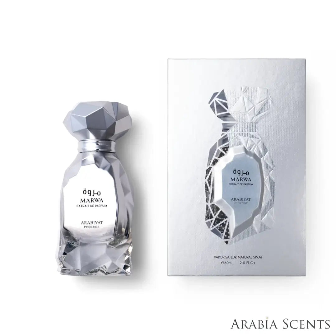 'Marwa' perfume bottle & packaging on a white background with 'Arabiyat Prestige' branding featured by 'Arabiascents'