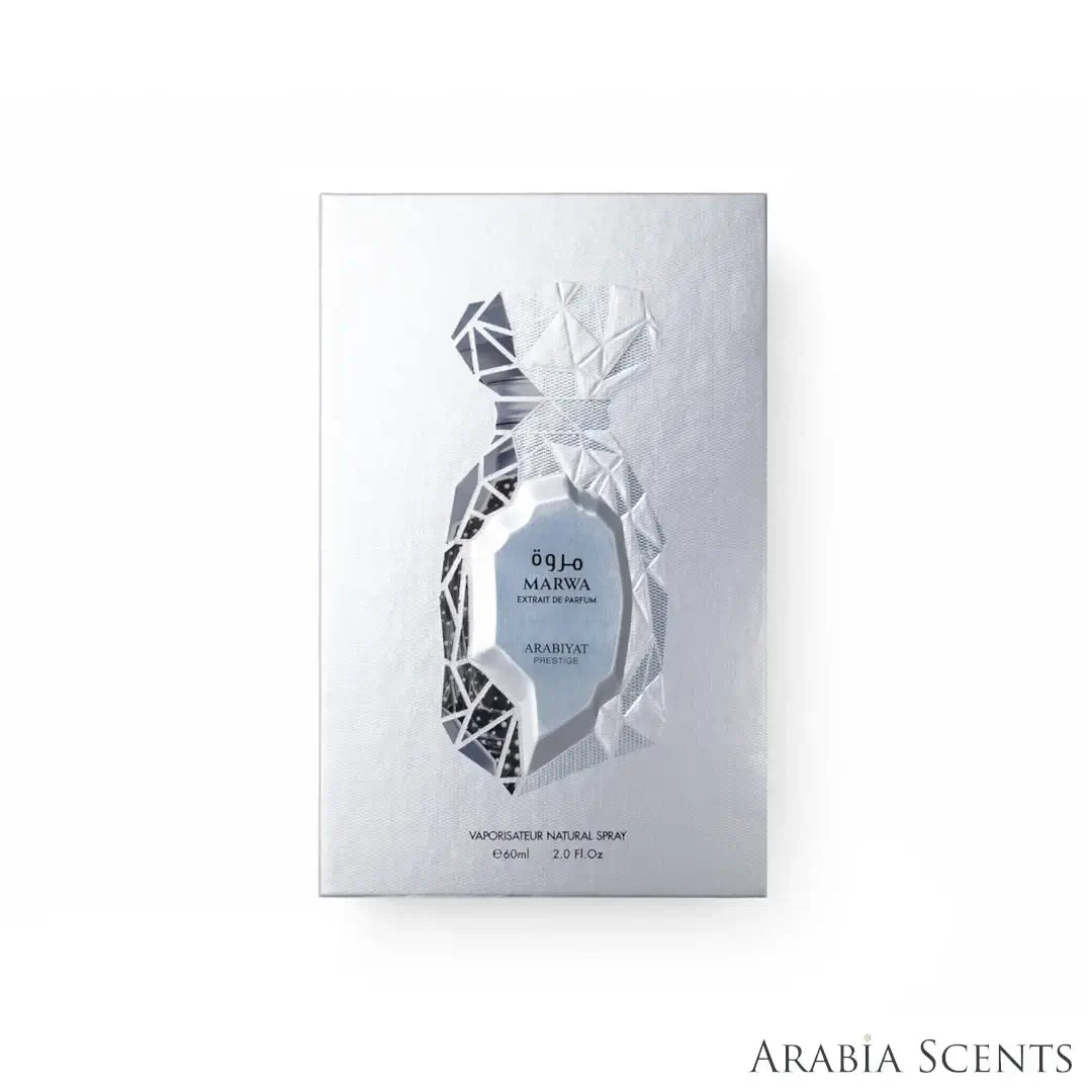 'Marwa' perfume packaging on a white background with 'Arabiyat Prestige' branding featured by 'Arabiascents'