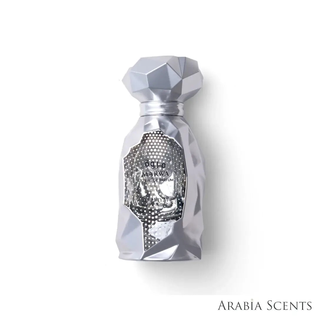 'Marwa' perfume bottle on a white background with 'Arabiyat Prestige' branding featured by 'Arabiascents'
