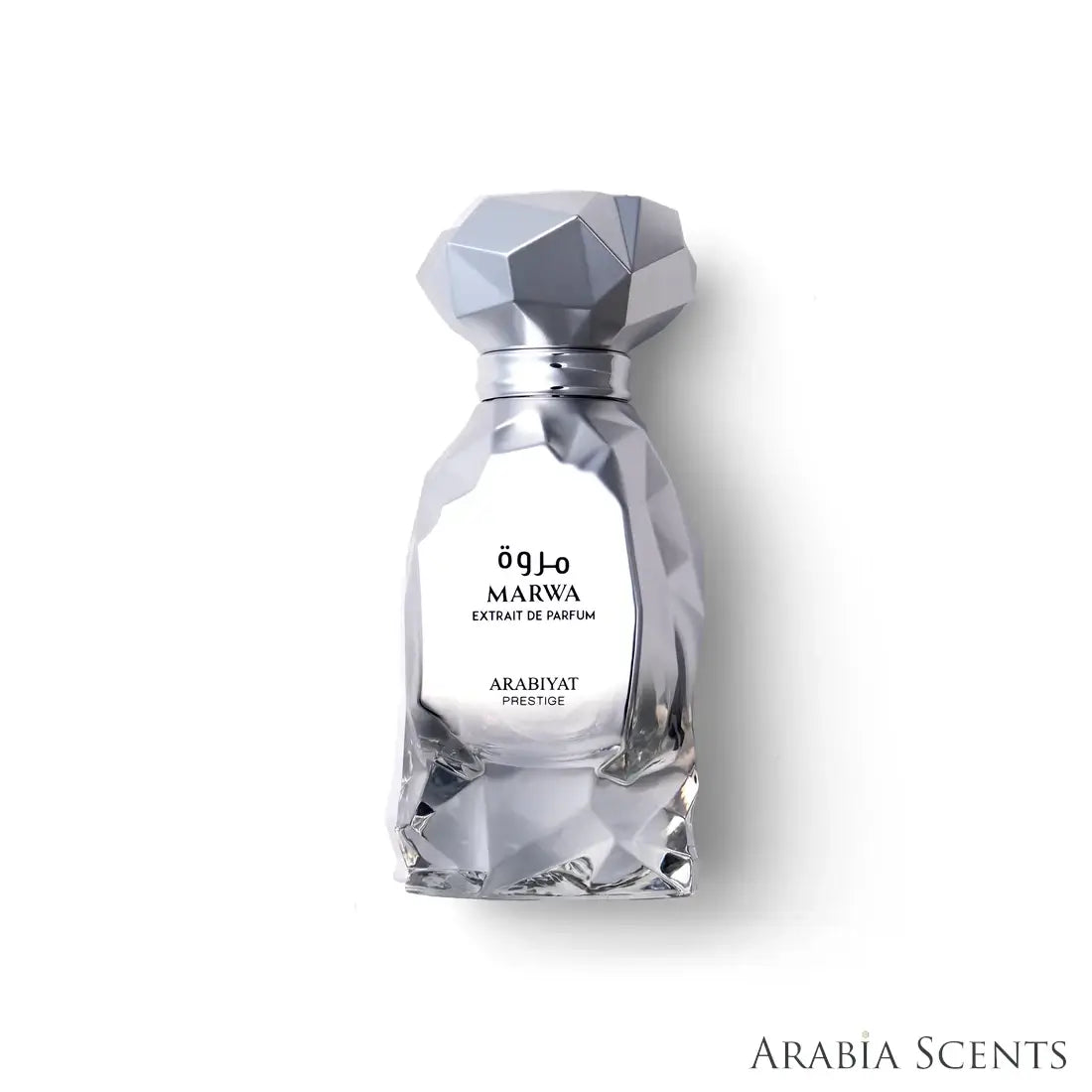 'Marwa' perfume bottle on a white background with 'Arabiyat Prestige' branding featured by 'Arabiascents'